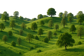 Green hilly landscape with trees,clean white background, natural daylight lighting,tea,hill,grass,nature