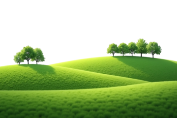 Green hilly landscape with trees,clean white background, natural daylight lighting,lawn,cloud,land