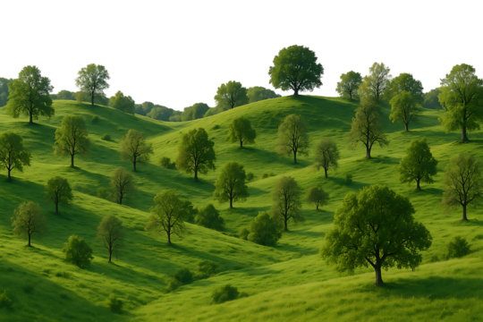 Green hilly landscape with trees,clean white background, natural daylight lighting,tea,hill,grass,nature
