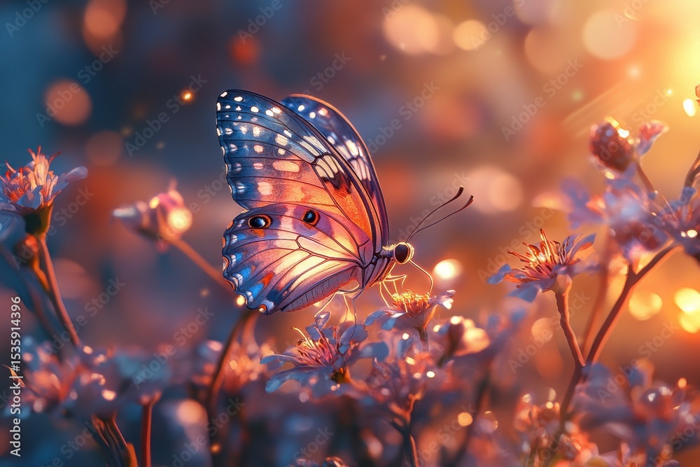 Poster butterfly resting on white flower at sunset in a dreamy garden with glowing bokeh lights and soft, w