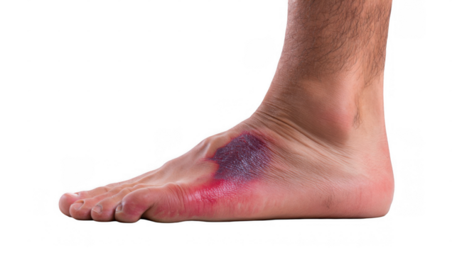 Close up view of a male foot reveals a significant purple bruise on the heel, indicating a possible injury, against a transparent background