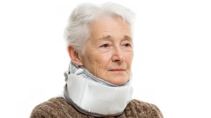 Senior woman recovering from injury wearing cervical collar neck brace, isolated on transparent background, ideal for healthcare and medical themed projects