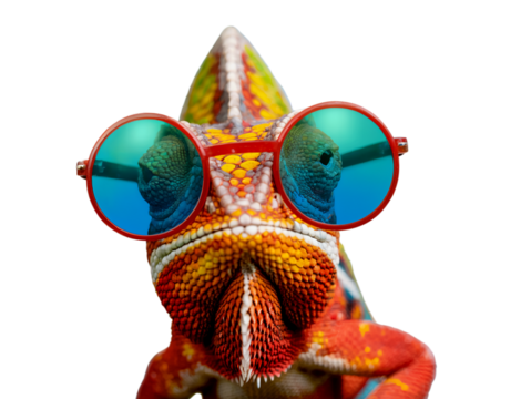 Cool chameleon portrait wearing red sunglasses blue lenses cute on transparent background