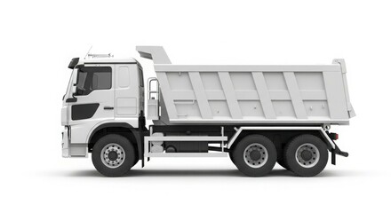 Fototapeta premium A clean, white dump truck isolated on a white background, showcasing its side profile and robust construction.
