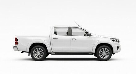 A white pickup truck is displayed in a studio shot, showcasing its design and features.