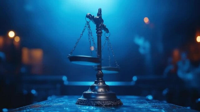 Scales of Justice, classic metal on table, blue lighting