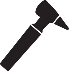 Black and white silhouette illustration of a medical otoscope for ear examination