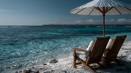 Obraz premium Two Beach Chairs and Umbrella on Tropical Beach