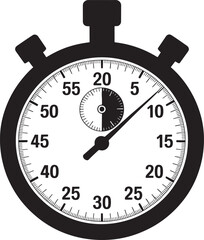 Black and white stopwatch illustration showing measurement of time in seconds and minutes