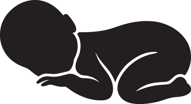 Black and white silhouette of a newborn baby in a fetal position resting on a side