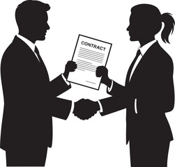 Business partners reaching agreement with a contract and a handshake silhouette