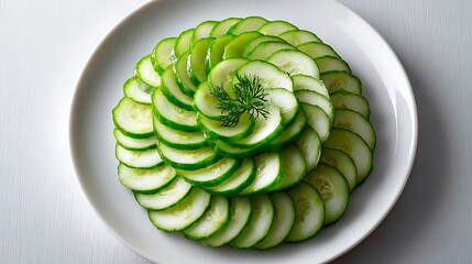 Sliced Cucumbers Arranged in a Circular Pattern on a White Plate