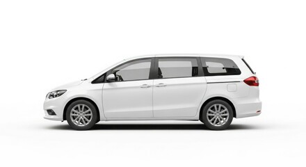 Side view of a modern white minivan against a plain white background.