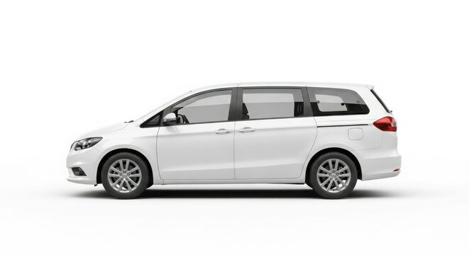 Side view of a modern white minivan against a plain white background.