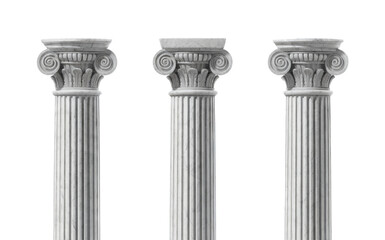 Three elegant white marble ionic columns isolated art grey greek on transparent background