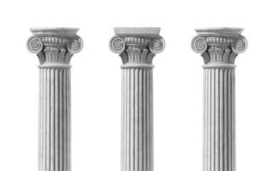 Three elegant white marble ionic columns isolated art grey greek on transparent background