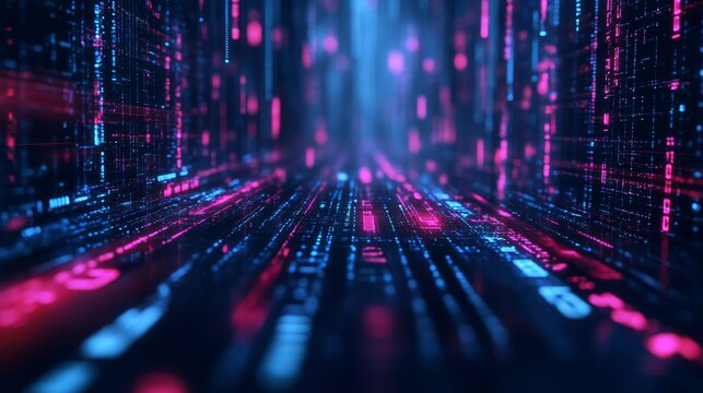 Abstract digital data flow background with glowing binary code and futuristic grid pattern