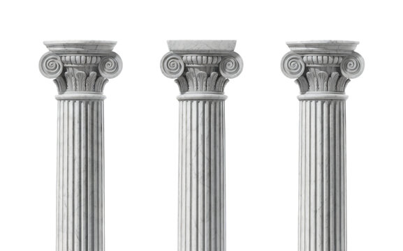 Three elegant white marble ionic columns isolated art grey greek on transparent background