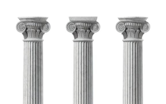Three elegant white marble ionic columns isolated art grey greek on transparent background