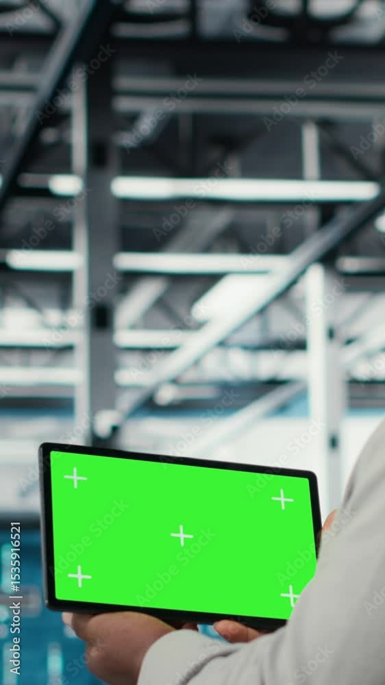 Poster vertical video admin working in server farm using isolated screen tablet to analyze data. it expert 