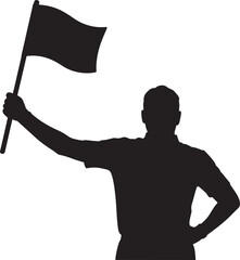 Silhouette of a man holding a flag with arm raised in a gesture of victory or support