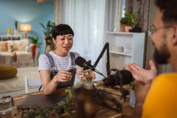 japanese woman at guest on podcast talk about home plants and gardening