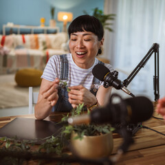 japanese woman at guest on podcast talk about home plants and gardening
