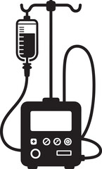 Simple black and white illustration of medical iv drip stand and infusion pump equipment