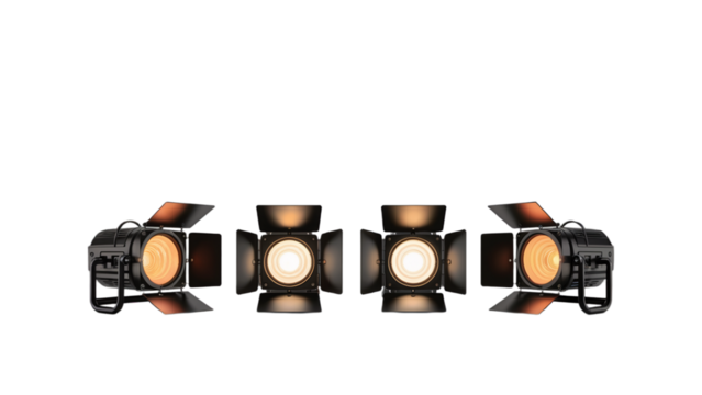 Studio lighting equipment professional cinematic spotlights set on transparent background