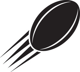 Stylized illustration of a black and white rugby ball in flight representing motion