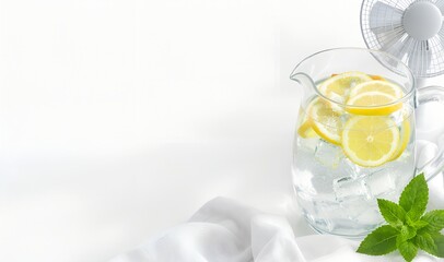 Refreshing summer composition with lemon mint water in glass pitcher, soft towels, and fan on white background. Ideal for wellness, spa, heatwave, or hydration themes. Clean and bright.