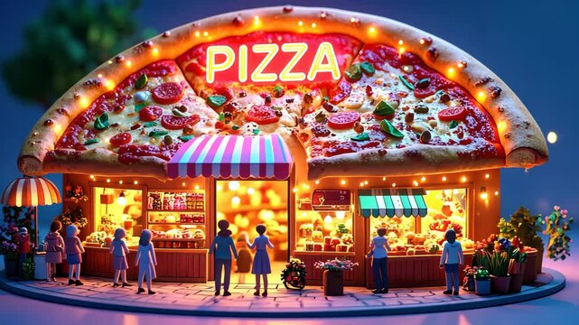 Pizza restaurant shaped like a giant pizza with customers visiting at night. - Powered by Adobe