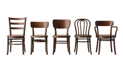 Five classic wooden chairs dark brown vintage style dining room on transparent background