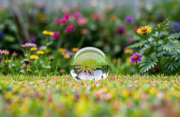 Fresh summer blooming meadow with clean water drop with reflection. Flowerbed with flowers and bushes. Creative scenery with decorative picturesque park, colorful floral background, wallpaper.