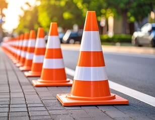 Traffic cones line a city street