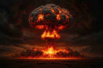 Apocalyptic nuclear explosion with mushroom cloud rising into dark sky