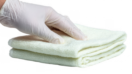 Gloved hand delicately folds a soft, white towel, emphasizing hygiene and cleanliness against a transparent background, perfect for showcasing product placement or health related concepts