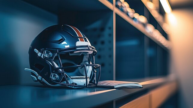 Football helmet placed on shelf in modern sports locker room  