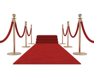 Elegant red carpet entrance with golden stanchions and steps 3d on transparent background