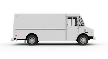 A plain white delivery truck is parked on a white background.