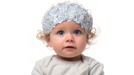 Cute baby with blue eyes and curly blond hair wearing an eeg cap, undergoing a neurological examination in a transparent background studio setting