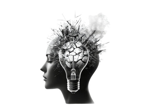 A conceptual illustration of a female head, where a light bulb symbolizes ideas exploding into creativity.