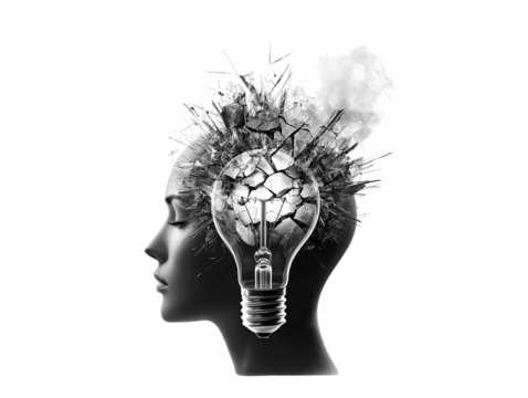 A conceptual illustration of a female head, where a light bulb symbolizes ideas exploding into creativity.