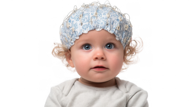 Cute baby with blue eyes and curly blond hair wearing an eeg cap, undergoing a neurological examination in a transparent background studio setting