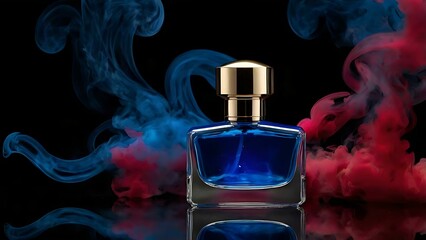 Transparent Perfume Bottle with Blue Liquid Surrounded by Blue and Red Smoke