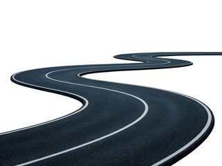 Winding asphalt road with white lines curves path way dark race on transparent background