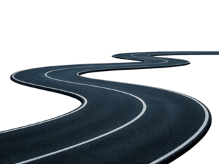 Winding asphalt road with white lines curves path way dark race on transparent background