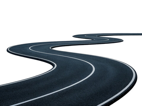 Winding asphalt road with white lines curves path way dark race on transparent background