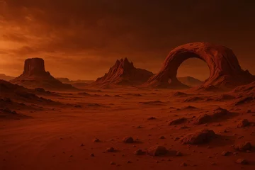 Martian landscape with red rocky terrain and distant mountains under alien sky