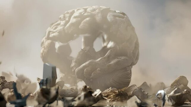 3D render of exploding human brain sculpture with AI text breaking through symbolizing disruptive artificial intelligence and digital transformation